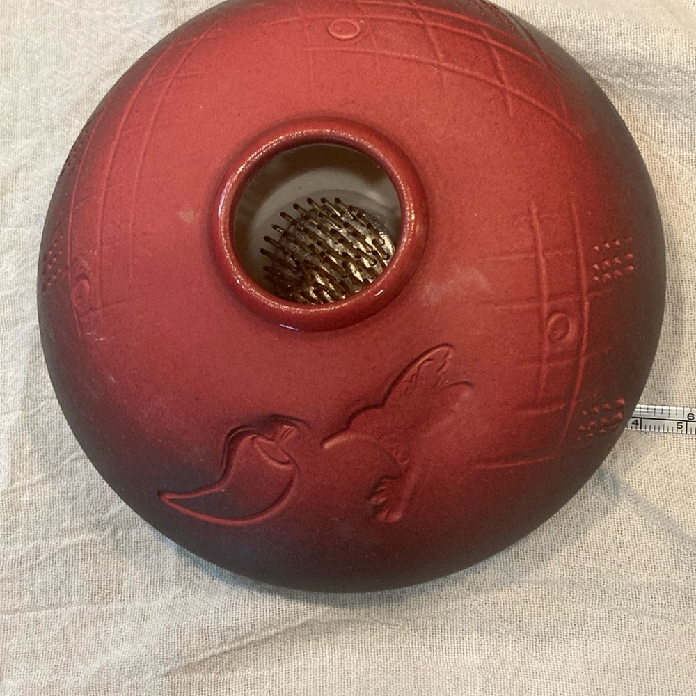 Ikebana Asian Vase w/ Metal Flower Frog Studio Art Pottery Round Red Hummingbird